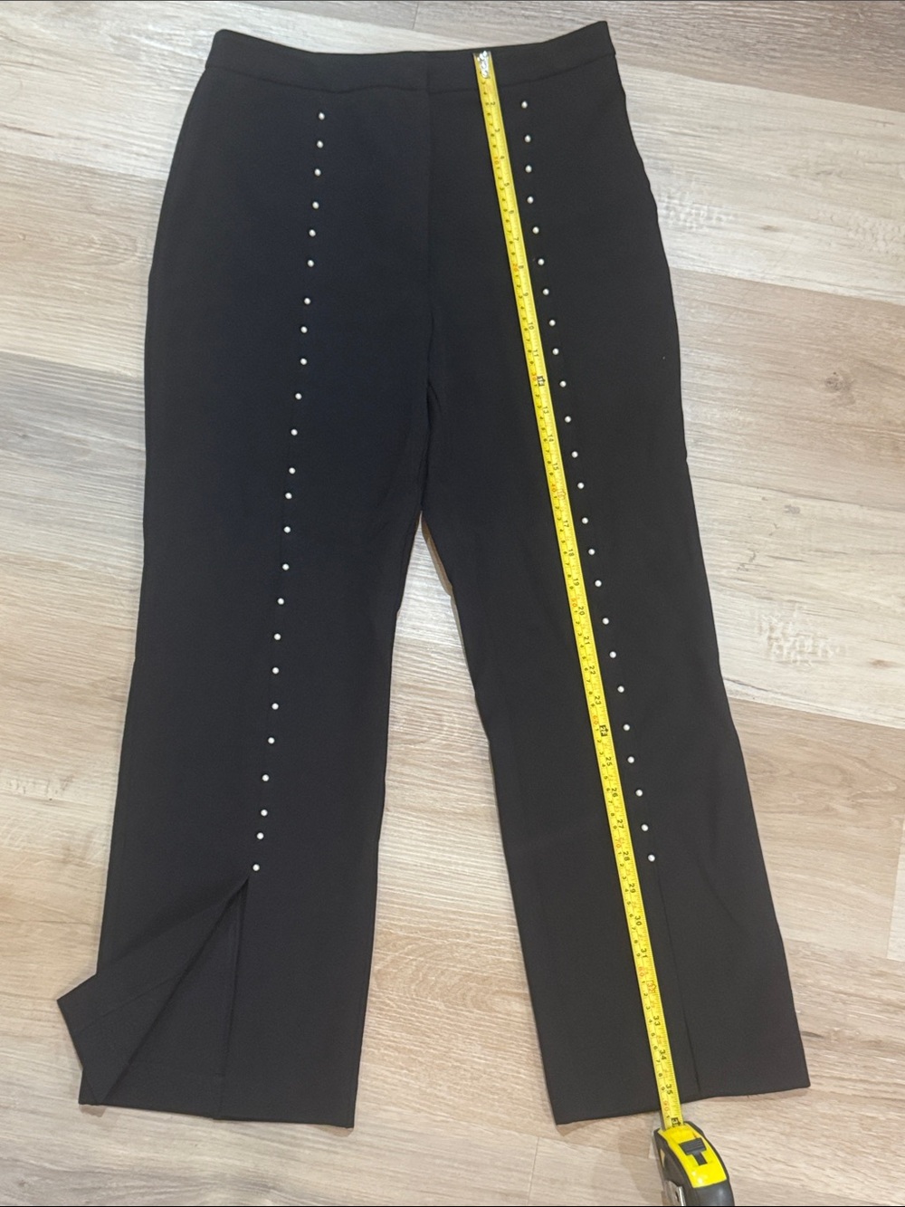 Zara Black Cropped Straight Leg Pants with Pearl Detail and Slit